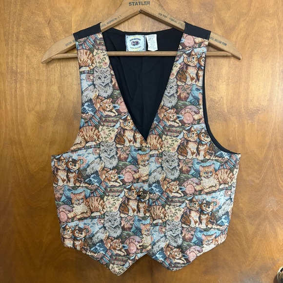 Vintage Jackets & Blazers - Vintage Cat Tapestry Patchwork Vest Retro Y2K 90s Cottagecore Grandma Kitty Mod